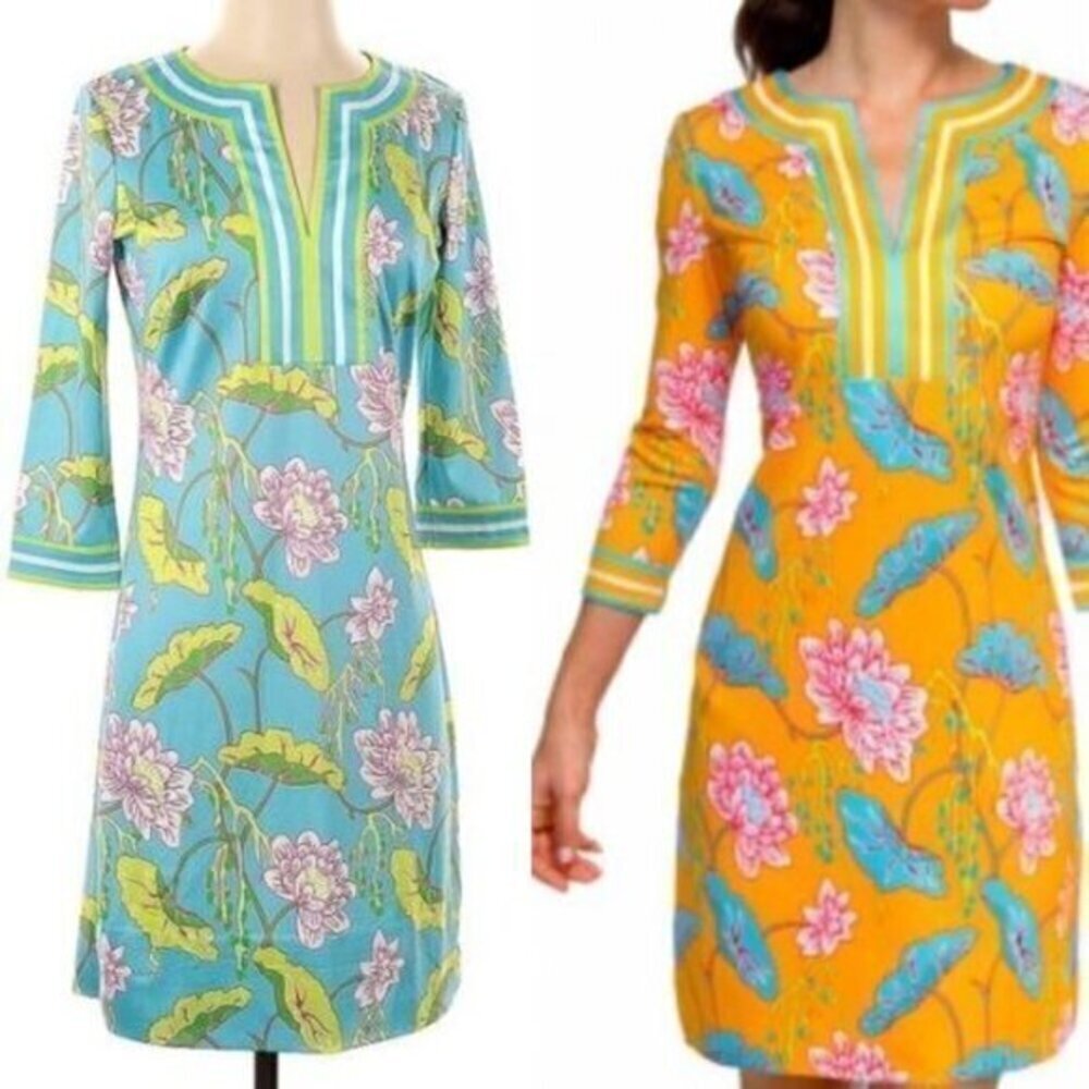 Gretchen Scott Designs Split Neck Jersey Dress Size XS Mystic Garden Turquoise